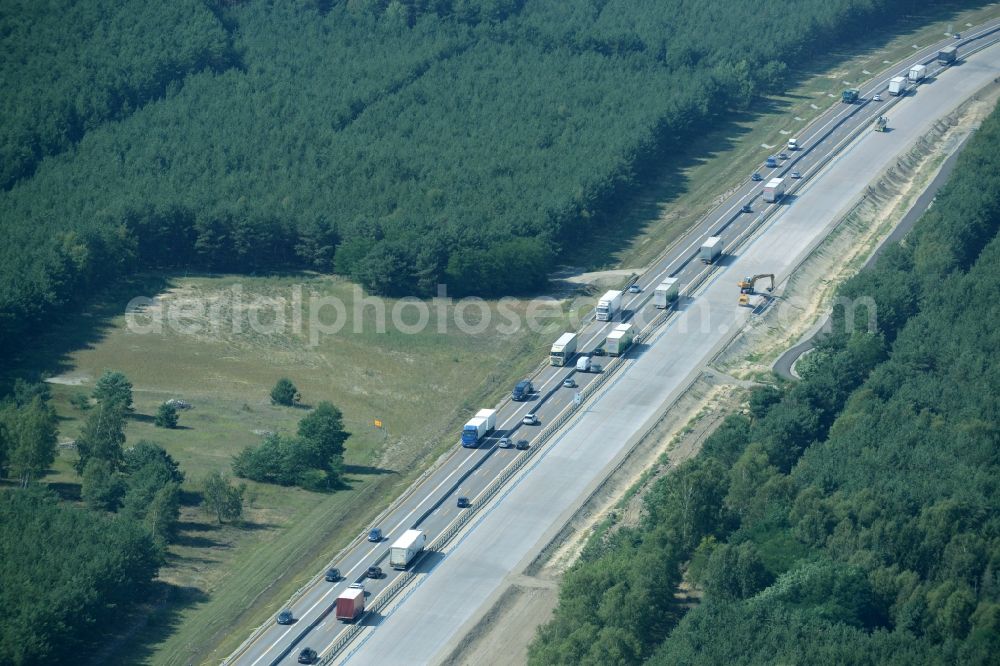 Heidesee from above - Highway construction site for the expansion and extension of track along the route of the motorway A12 E30 in Heidesee in the state Brandenburg