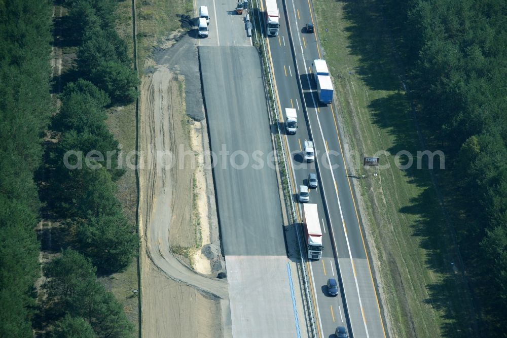 Heidesee from the bird's eye view: Highway construction site for the expansion and extension of track along the route of the motorway A12 E30 in Heidesee in the state Brandenburg