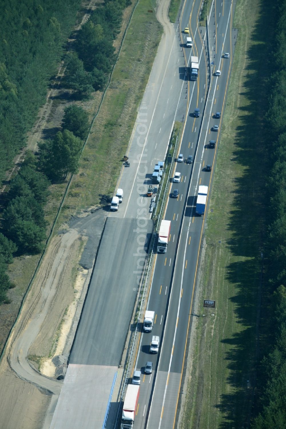 Aerial image Heidesee - Highway construction site for the expansion and extension of track along the route of the motorway A12 E30 in Heidesee in the state Brandenburg