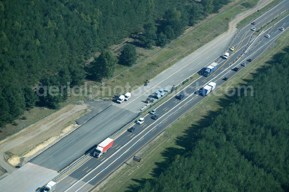 Aerial photograph Heidesee - Highway construction site for the expansion and extension of track along the route of the motorway A12 E30 in Heidesee in the state Brandenburg