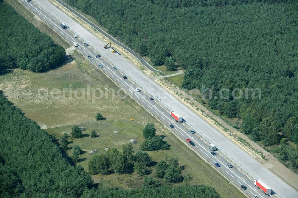 Heidesee from above - Highway construction site for the expansion and extension of track along the route of the motorway A12 E30 in Heidesee in the state Brandenburg