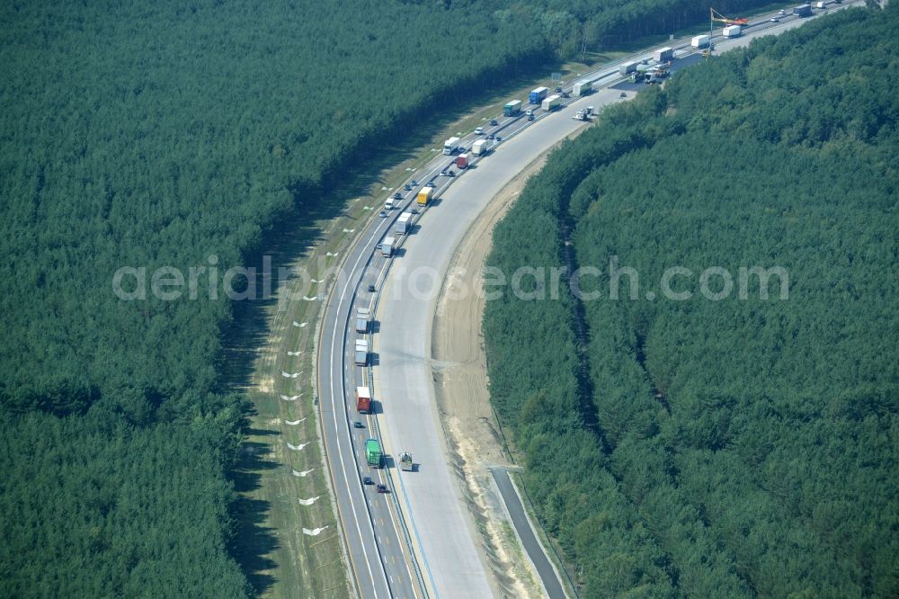 Heidesee from the bird's eye view: Highway construction site for the expansion and extension of track along the route of the motorway A12 E30 in Heidesee in the state Brandenburg