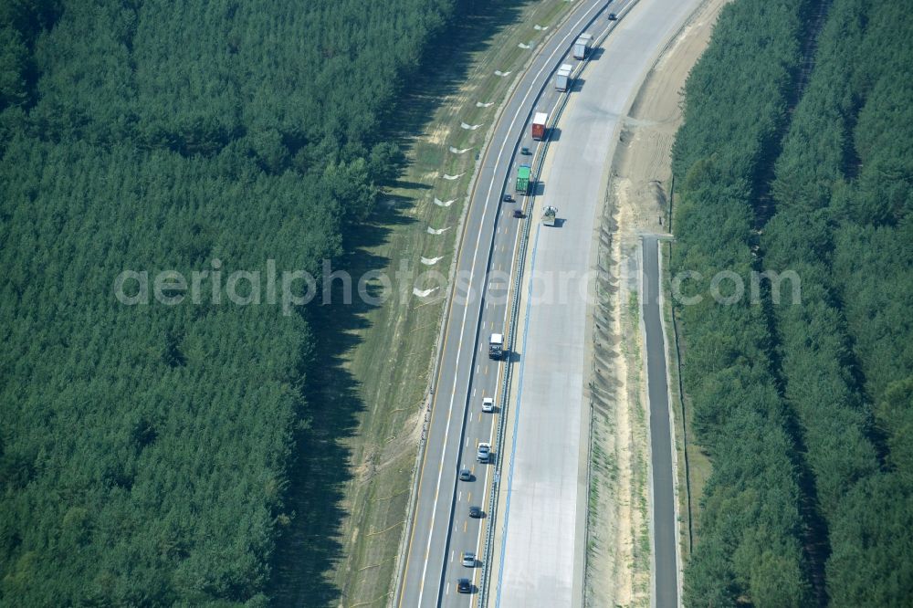 Aerial image Heidesee - Highway construction site for the expansion and extension of track along the route of the motorway A12 E30 in Heidesee in the state Brandenburg