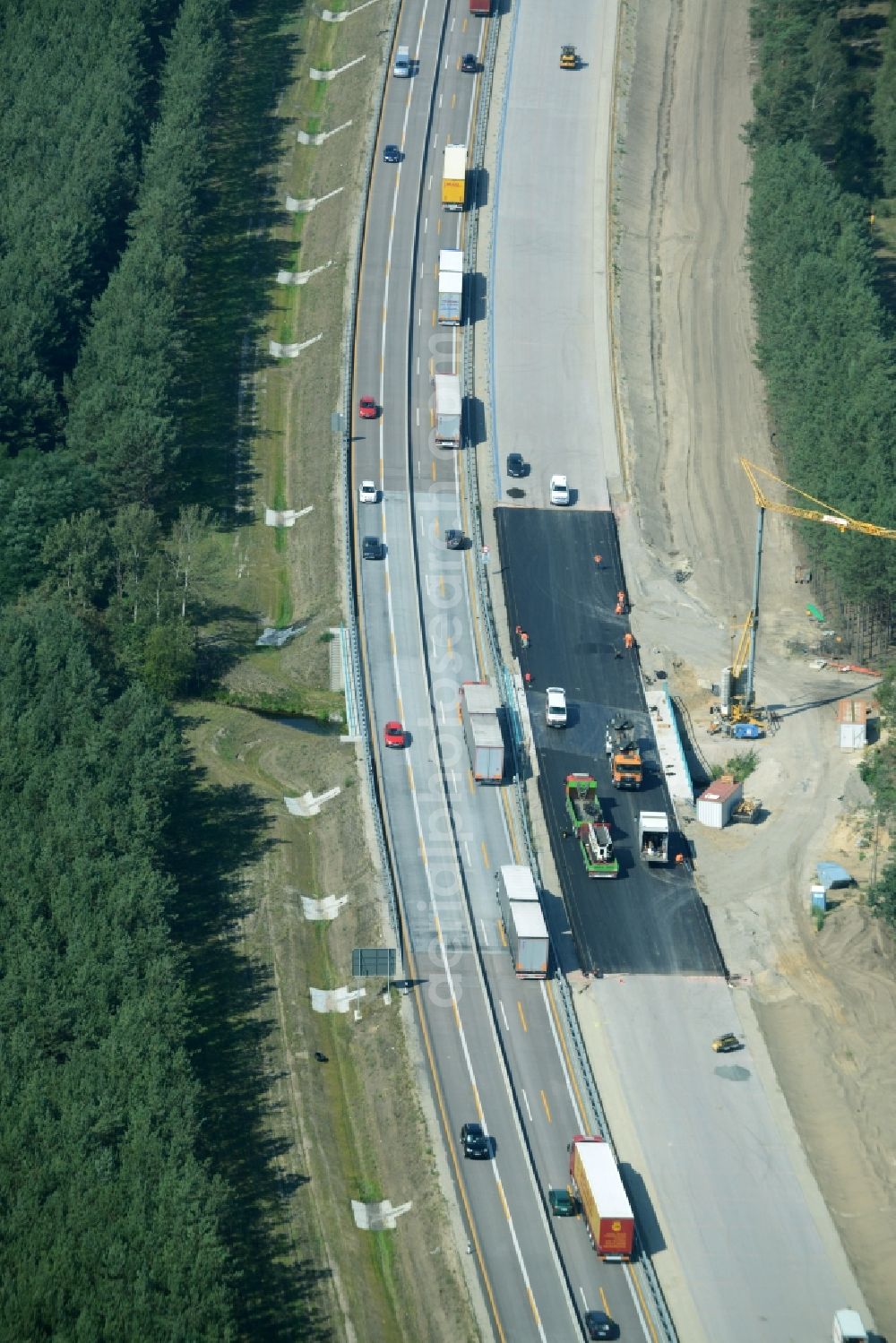 Heidesee from above - Highway construction site for the expansion and extension of track along the route of the motorway A12 E30 in Heidesee in the state Brandenburg