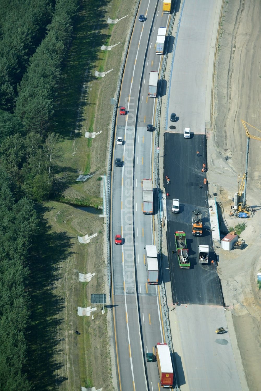 Heidesee from the bird's eye view: Highway construction site for the expansion and extension of track along the route of the motorway A12 E30 in Heidesee in the state Brandenburg