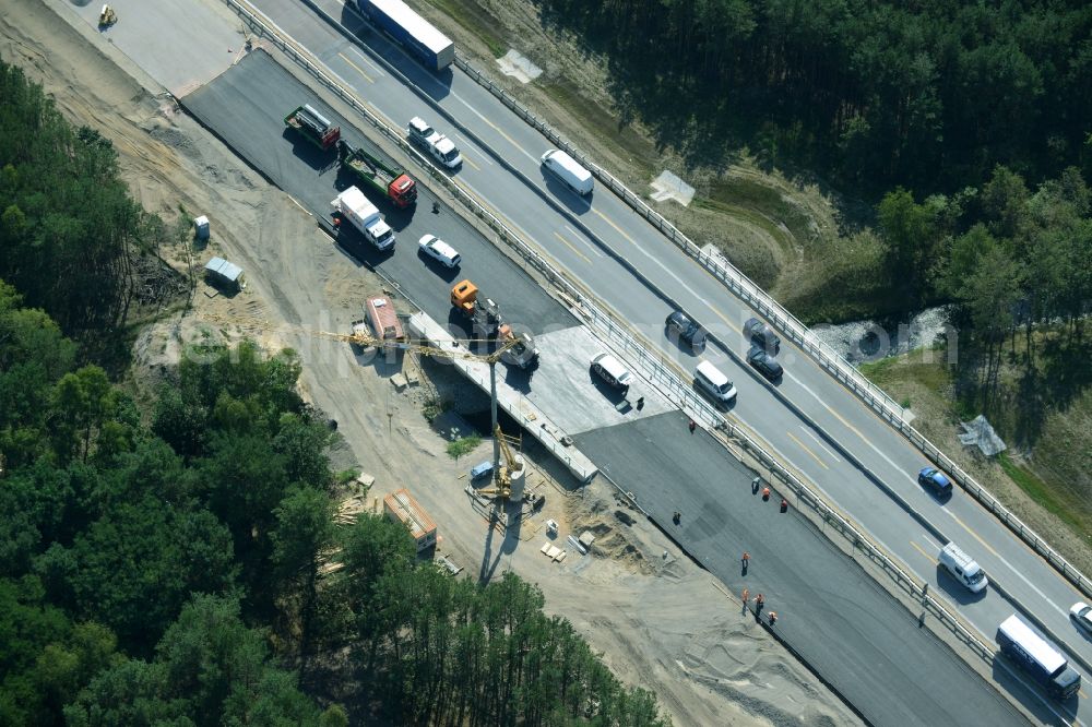 Heidesee from above - Highway construction site for the expansion and extension of track along the route of the motorway A12 E30 in Heidesee in the state Brandenburg