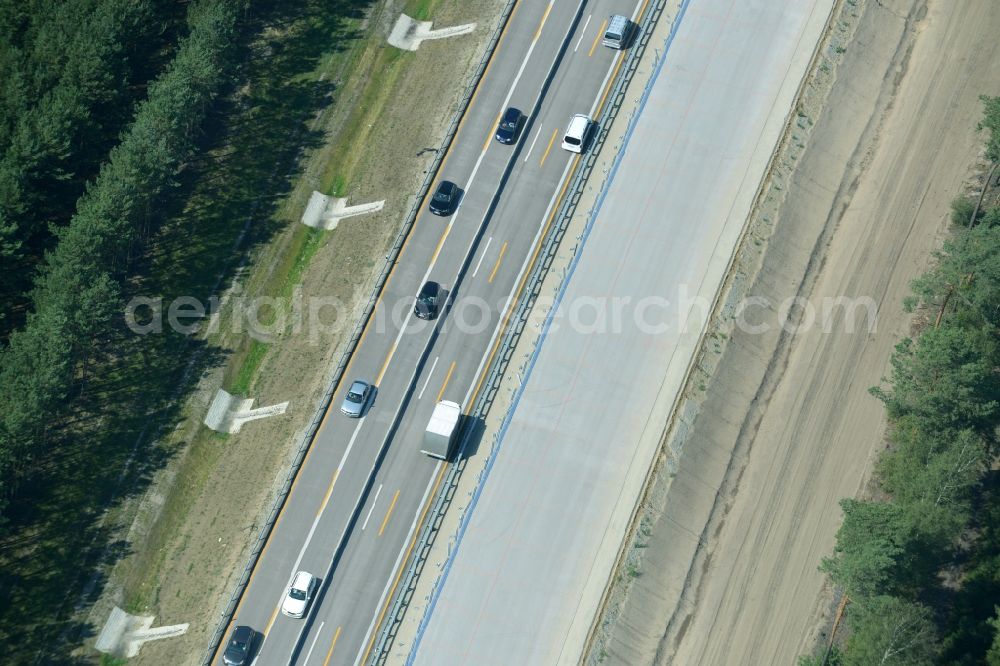 Heidesee from above - Highway construction site for the expansion and extension of track along the route of the motorway A12 E30 in Heidesee in the state Brandenburg