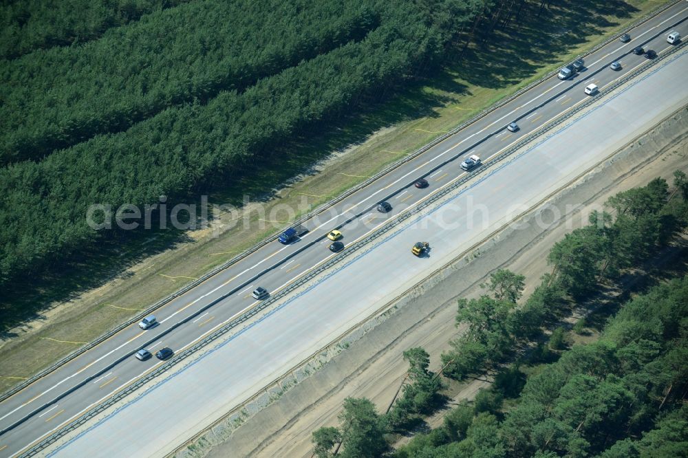 Heidesee from the bird's eye view: Highway construction site for the expansion and extension of track along the route of the motorway A12 E30 in Heidesee in the state Brandenburg