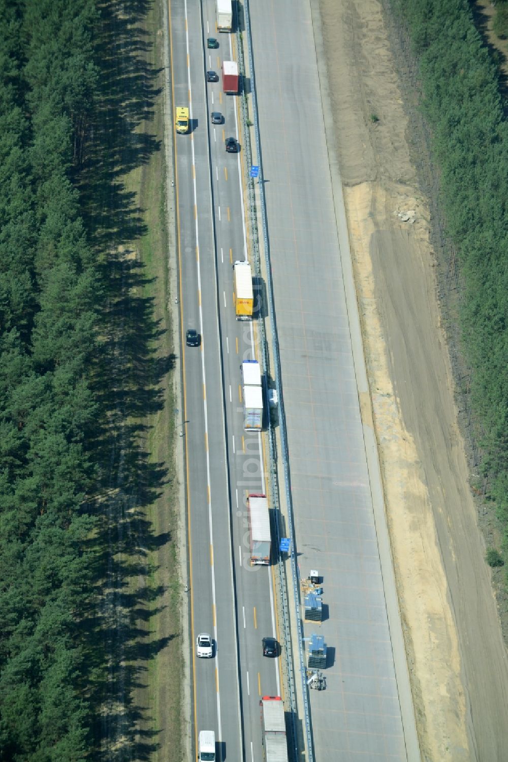 Aerial photograph Heidesee - Highway construction site for the expansion and extension of track along the route of the motorway A12 E30 in Heidesee in the state Brandenburg