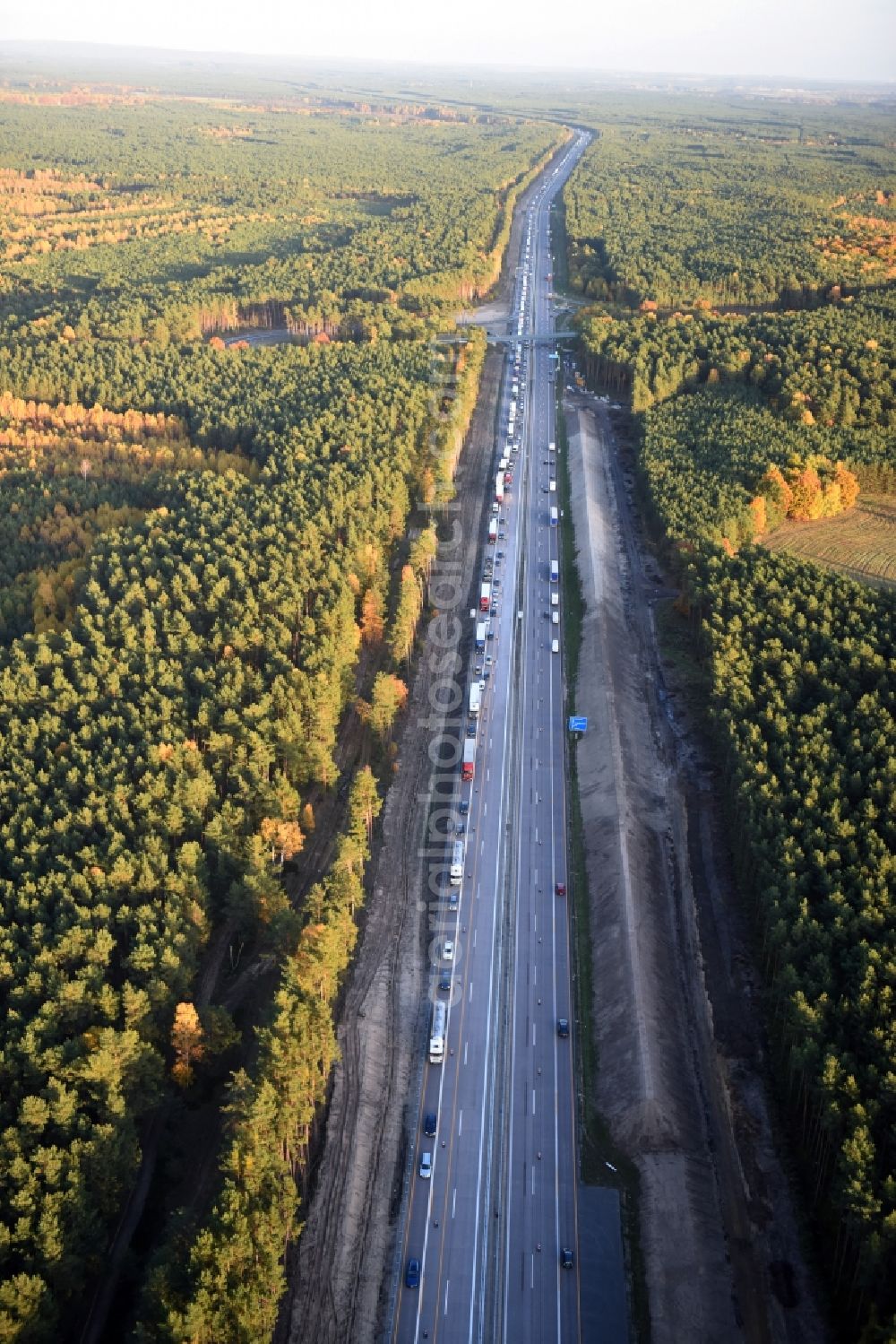 Heidesee from the bird's eye view: Highway construction site for the expansion and extension of track along the route of the motorway A12 E30 in Heidesee in the state Brandenburg