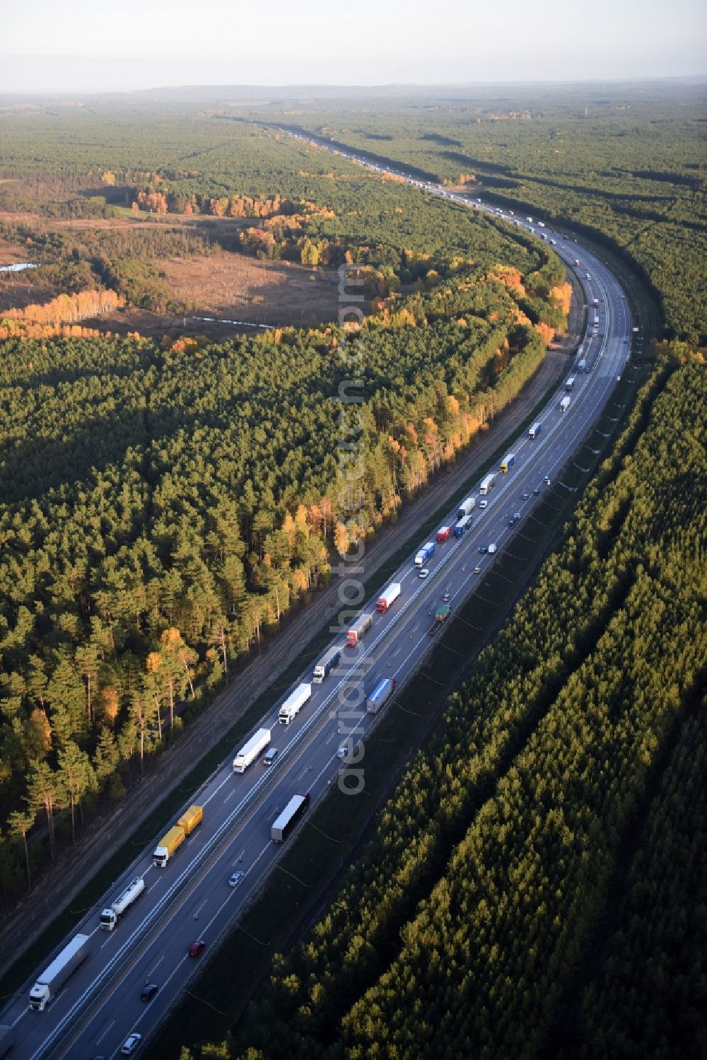 Heidesee from above - Highway construction site for the expansion and extension of track along the route of the motorway A12 E30 in Heidesee in the state Brandenburg