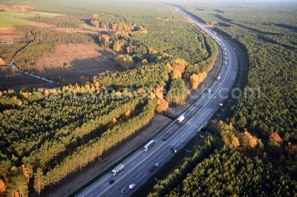 Heidesee from the bird's eye view: Highway construction site for the expansion and extension of track along the route of the motorway A12 E30 in Heidesee in the state Brandenburg