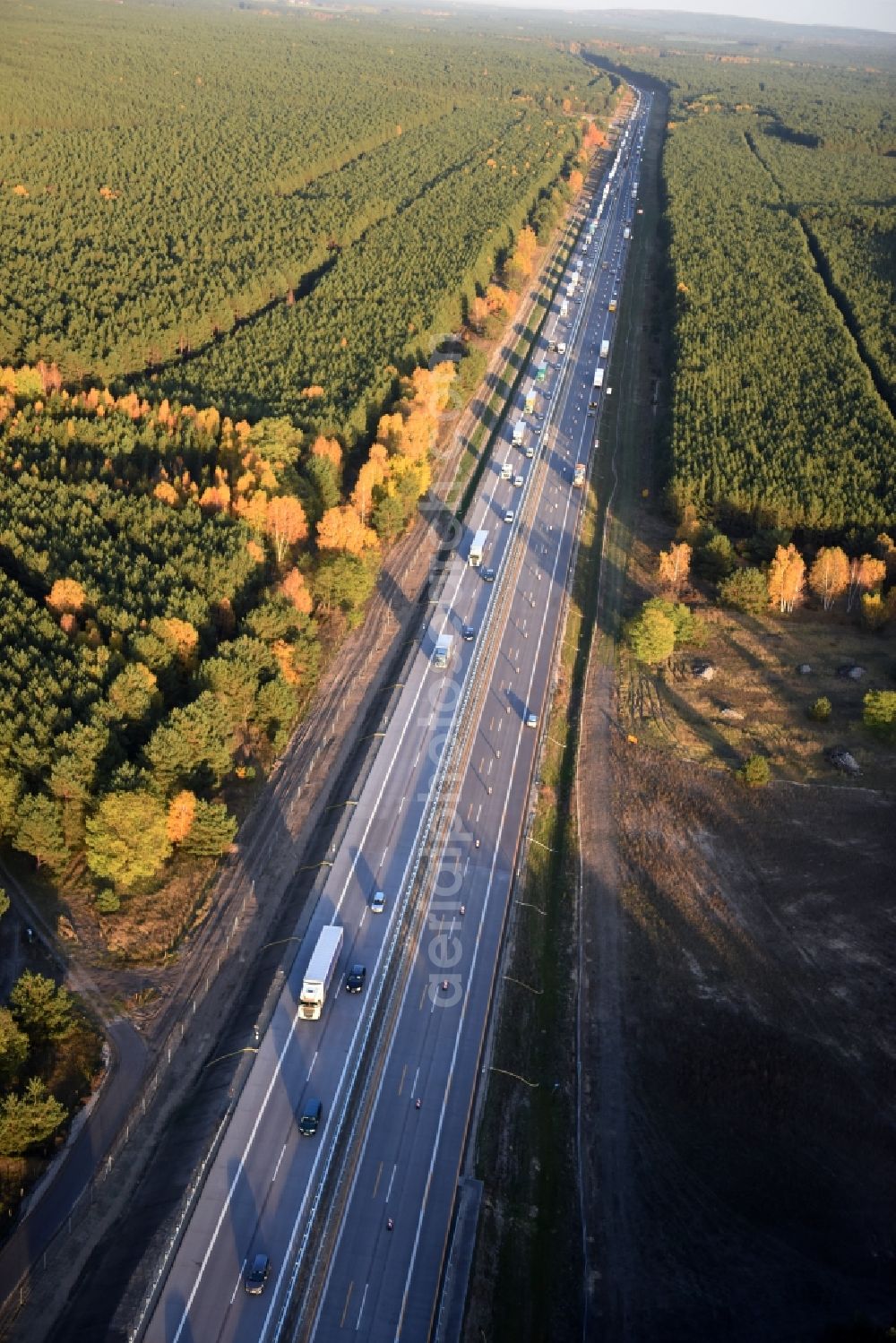 Spreenhagen from above - Highway construction site for the expansion and extension of track along the route of the motorway A12 E30 in Heidesee in the state Brandenburg