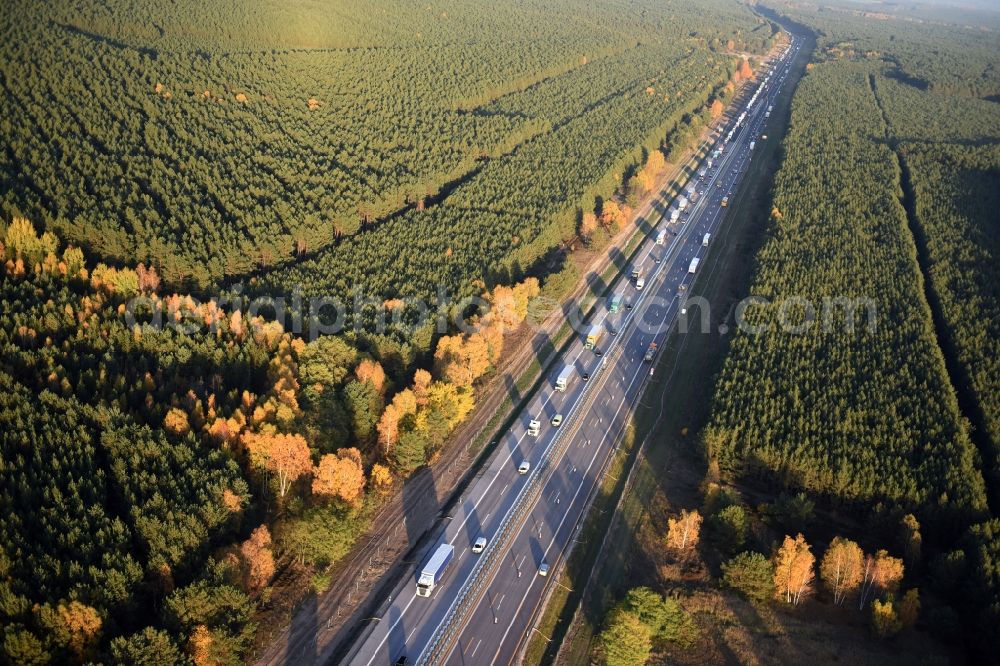 Spreenhagen from the bird's eye view: Highway construction site for the expansion and extension of track along the route of the motorway A12 E30 in Heidesee in the state Brandenburg