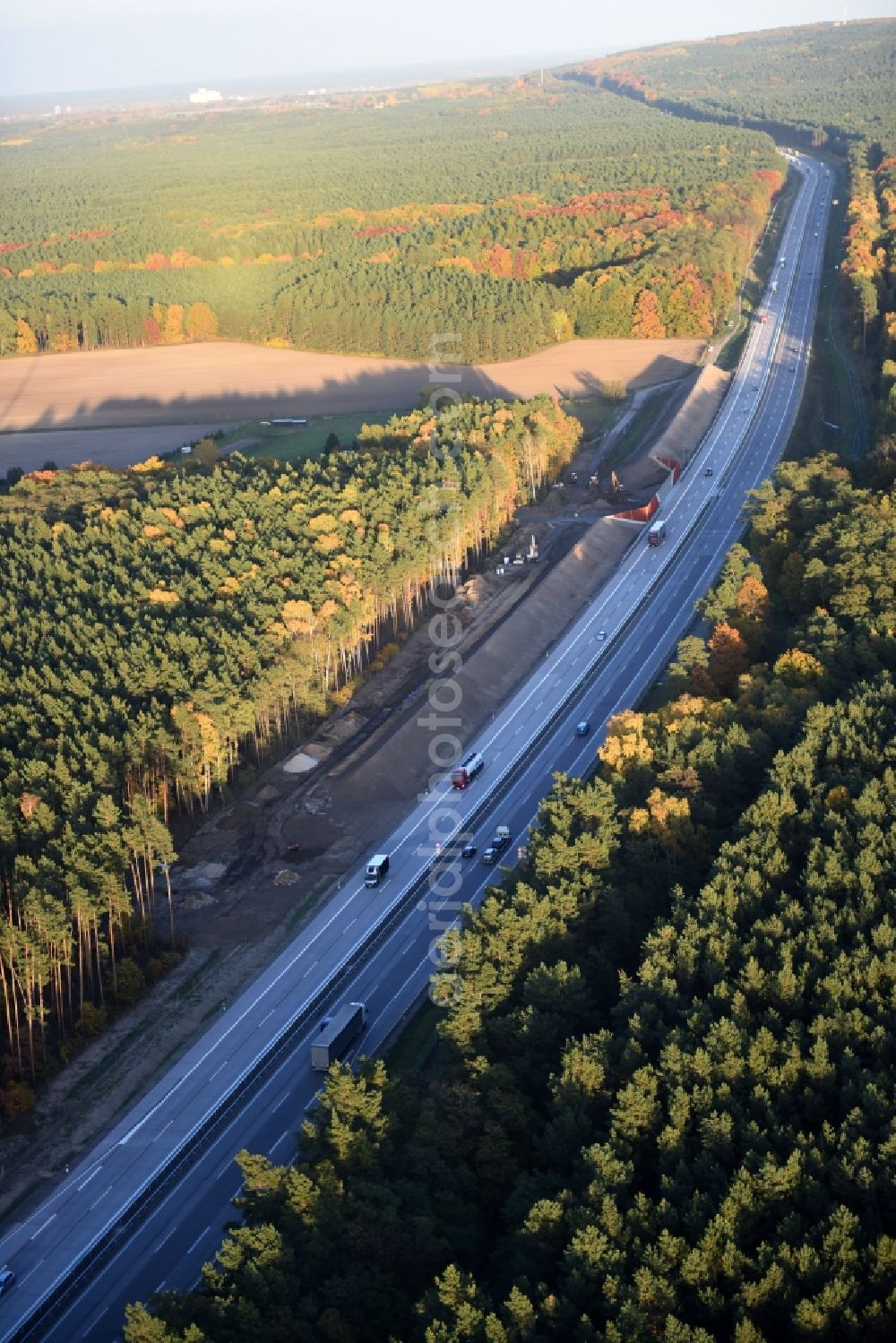 Spreenhagen from the bird's eye view: Highway construction site for the expansion and extension of track along the route of the motorway A12 E30 in Heidesee in the state Brandenburg