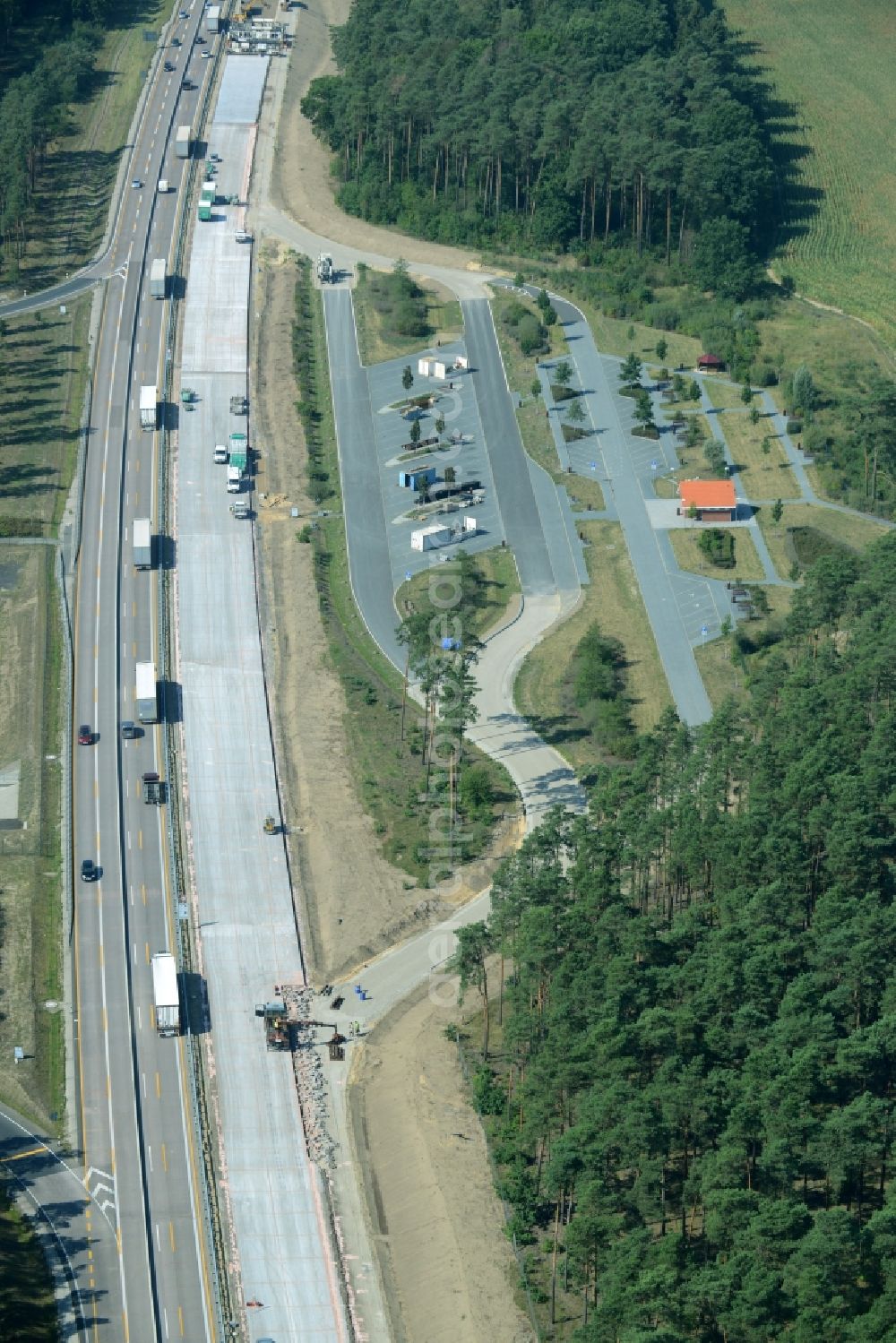 Spreenhagen from above - Highway construction site for the expansion and extension of track along the route of the motorway A12 E30 in Spreenhagen in the state Brandenburg