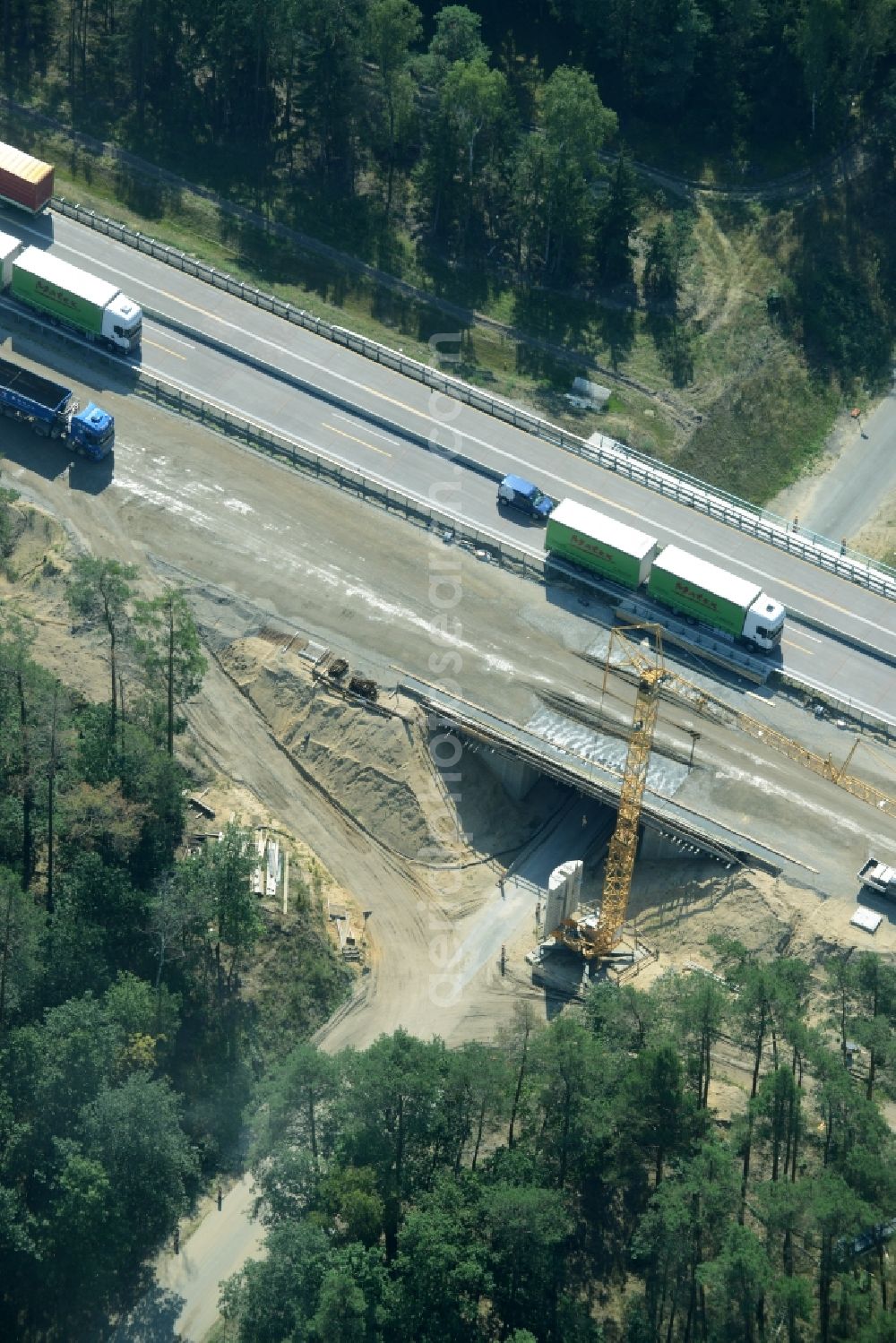 Spreenhagen from above - Highway construction site for the expansion and extension of track along the route of the motorway A12 E30 in Spreenhagen in the state Brandenburg