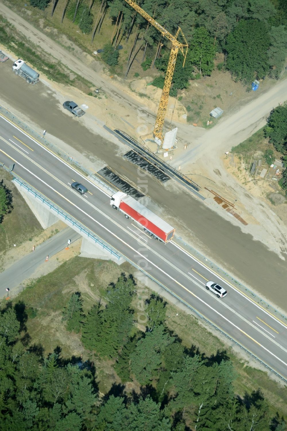 Spreenhagen from above - Highway construction site for the expansion and extension of track along the route of the motorway A12 E30 in Spreenhagen in the state Brandenburg