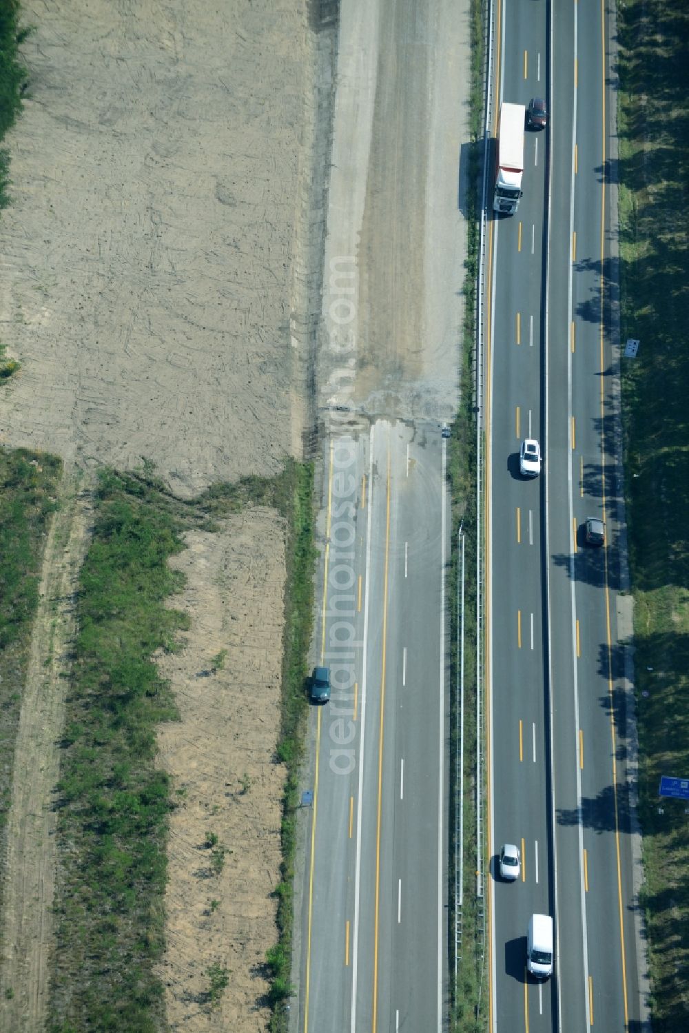 Spreenhagen from above - Highway construction site for the expansion and extension of track along the route of the motorway A12 E30 in Spreenhagen in the state Brandenburg