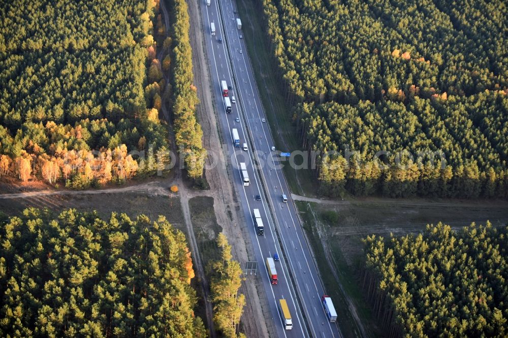 Heidesee from the bird's eye view: Highway construction site for the expansion and extension of track along the route of the motorway A12 E30 in Heidesee in the state Brandenburg