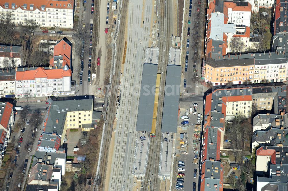 Aerial photograph Berlin - Baumschulenweg - Blick auf den fast fertigen S-Bahnhof Berlin-Baumschulenweg. Der Um- und Ausbau ist ein Projekt der EUROVIA Infra GmbH. View onto the construction area at the city railway station in Treptow-Köpenick.