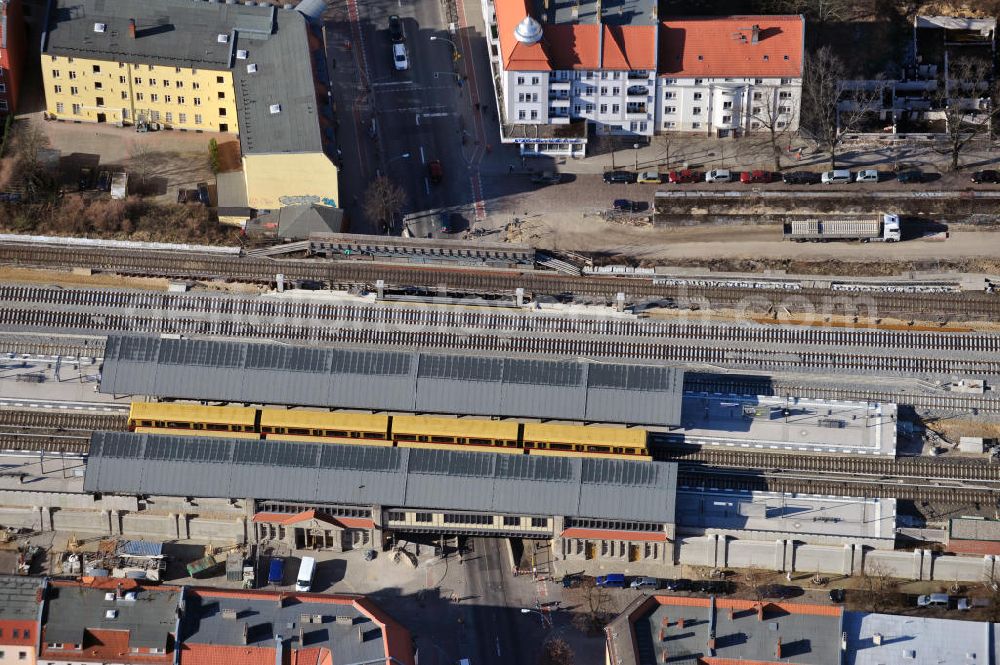 Berlin-Baumschulenweg from above - Blick auf den fast fertig umgebauten Bereich des S-Bahnhof Berlin-Baumschulenweg an der Glanzstraße / Stotmstraße. Der Um- und Ausbau ist ein Projekt der EUROVIA Infra GmbH. View onto the construction area at the city railway station in Treptow-Köpenick.