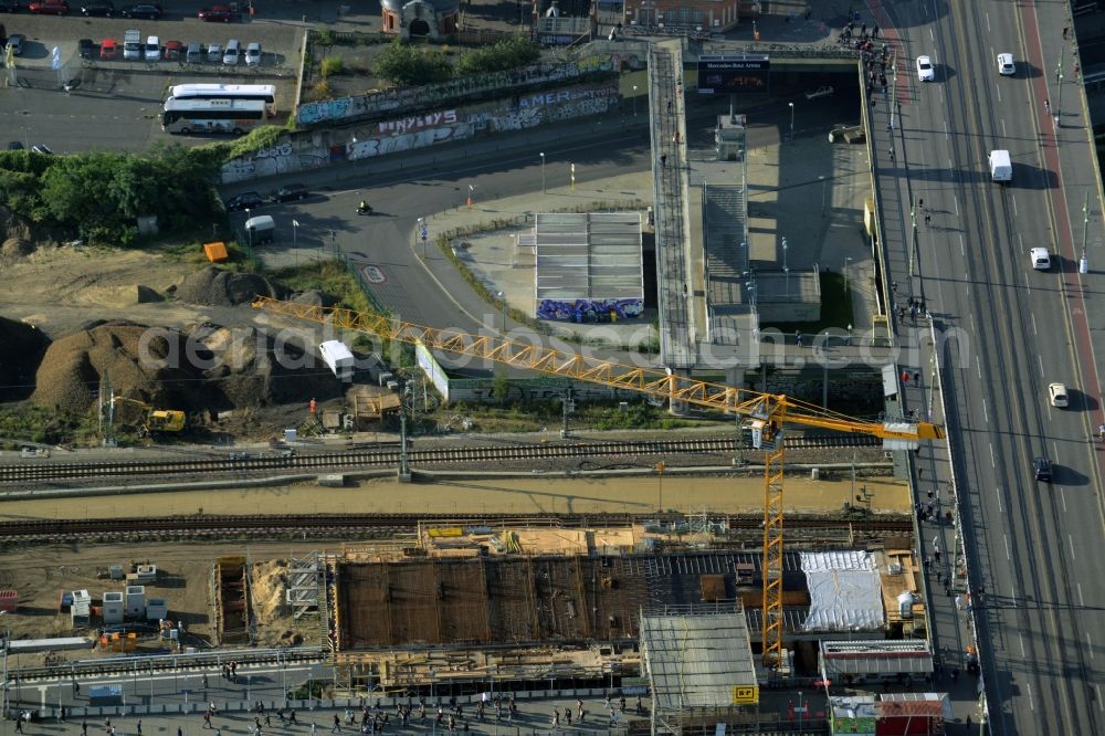 Berlin from the bird's eye view: Construction site at S-Bahn station Warschauer Strasse next to Warschauer Bridge in Berlin in Germany