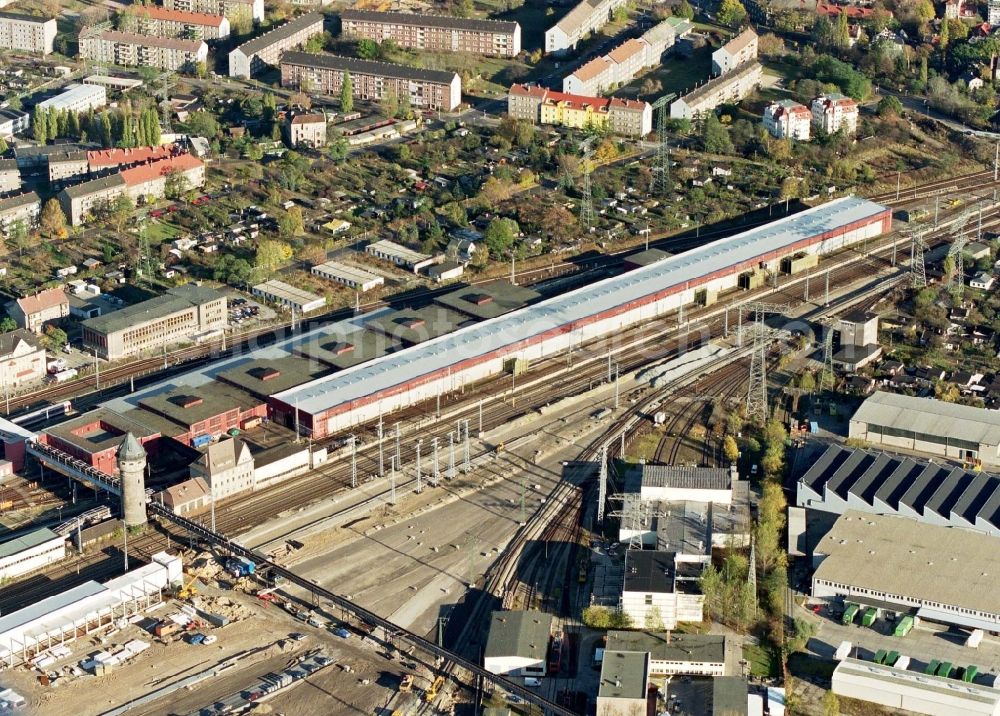 Aerial image Berlin - Construction site of Railway depot and repair shop for maintenance and repair of trains of passenger transport of the series ICE Werk Berlin Rummelsburg II on Saganer Strasse in Berlin