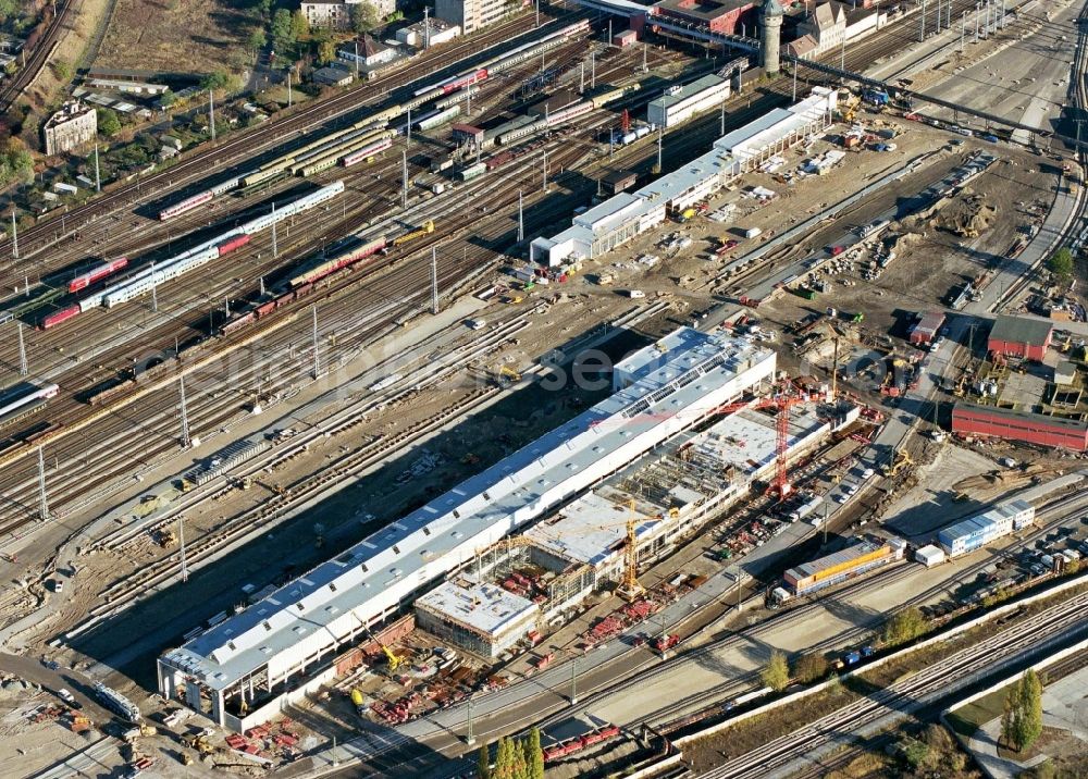 Berlin from above - Construction site of Railway depot and repair shop for maintenance and repair of trains of passenger transport of the series ICE Werk Berlin Rummelsburg II on Saganer Strasse in Berlin