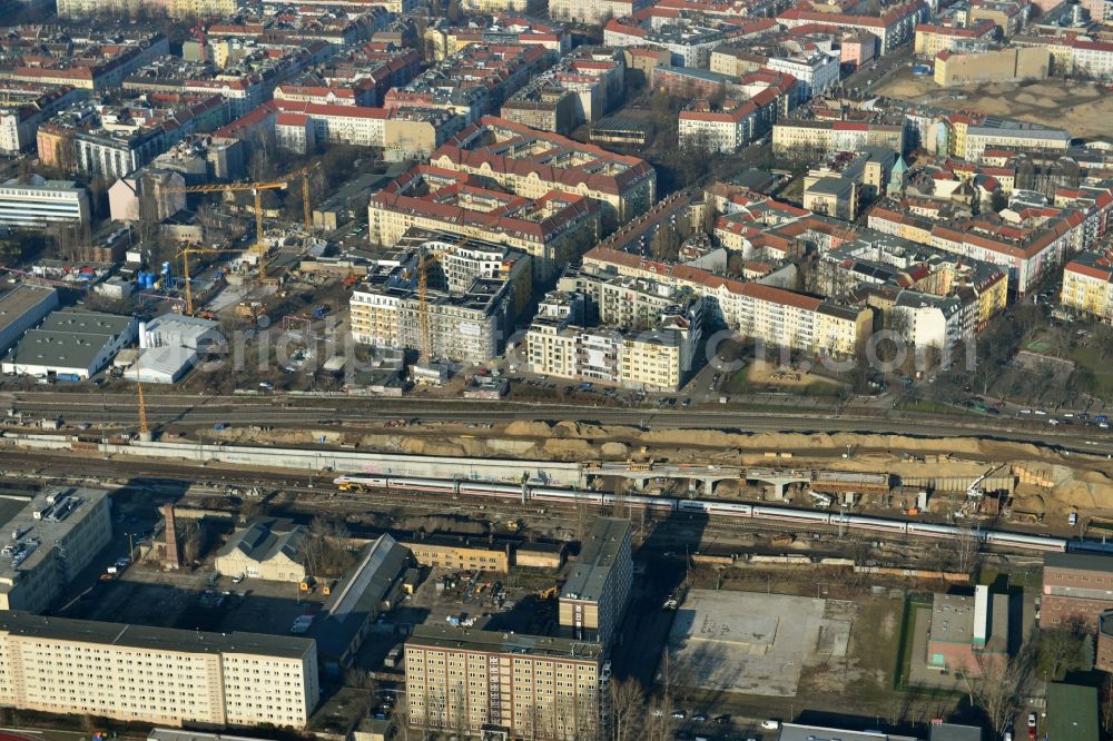 Berlin from the bird's eye view: Construction site at the Berlin Ostkreuz train station in Berlin