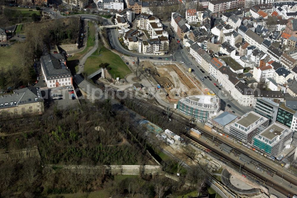 Aerial image Mainz - Construction site at the station Roemisches Theater with views over the CineStar at the citadel in Mainz in the state of Rhineland-Palatinate