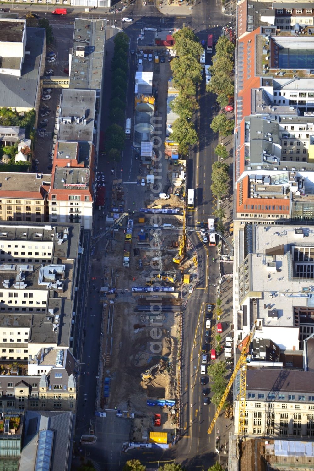 Aerial image Berlin - View of the construction site of the U5 from Alexanderplatz to Brandenburger Tor in Berlin-Mitte. The extension of the rapid transit U5 is the most important construction work in the underground network of Berlin. The U-5-continued construction is realized by Bilfinger & Berger. In 2019, the tunnel will be completed