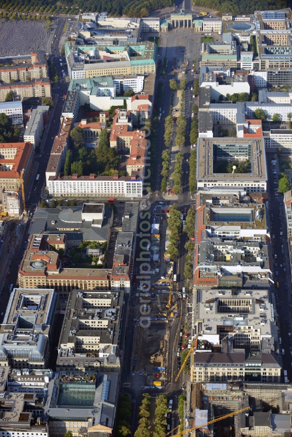 Aerial photograph Berlin - View of the construction site of the U5 from Alexanderplatz to Brandenburger Tor in Berlin-Mitte. The extension of the rapid transit U5 is the most important construction work in the underground network of Berlin. The U-5-continued construction is realized by Bilfinger & Berger. In 2019, the tunnel will be completed