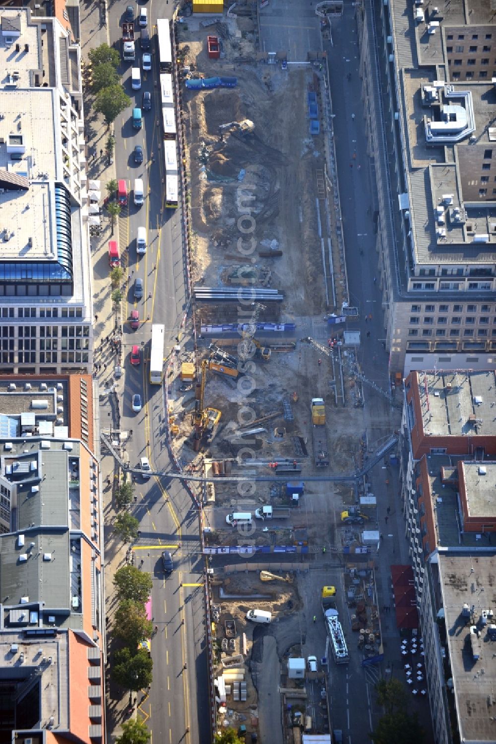 Aerial photograph Berlin - View of the construction site of the U5 from Alexanderplatz to Brandenburger Tor in Berlin-Mitte. The extension of the rapid transit U5 is the most important construction work in the underground network of Berlin. The U-5-continued construction is realized by Bilfinger & Berger. In 2019, the tunnel will be completed