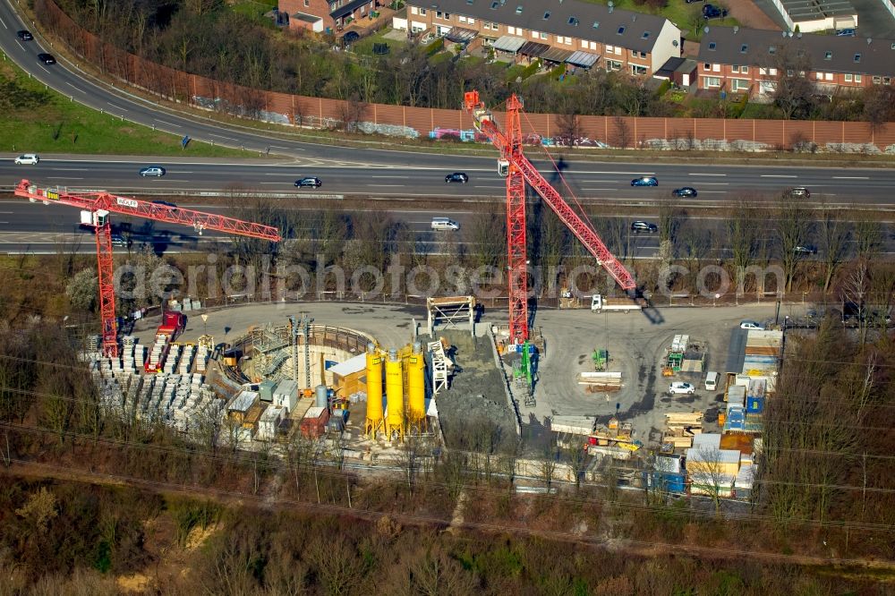 Oberhausen from the bird's eye view: Construction site and works during the redesign of the course of the river Emscher at the Oberhausen Neue Mitte exit of the federal motorway A42 in Oberhausen in the state of North Rhine-Westphalia