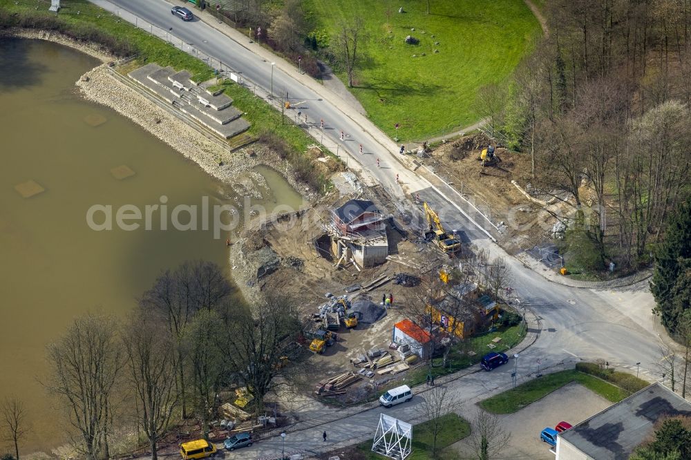 Mettmann from the bird's eye view: Construction site to fixing and civil engineering works on the banks of the Goldberger pond in Mettmann in North Rhine-Westphalia