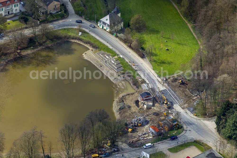 Aerial image Mettmann - Construction site to fixing and civil engineering works on the banks of the Goldberger pond in Mettmann in North Rhine-Westphalia