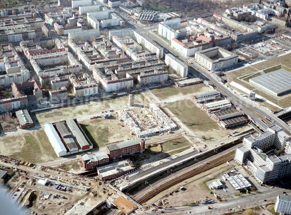 Berlin - Lichtenberg from the bird's eye view: Baustelle der BLEG auf dem Geländes des Alten Schlachthofes in Berlin - Lichtenberg an der Landsberger Allee / Storkower Straße (Stadtentwicklungsgebiet Eldenaer Straße).