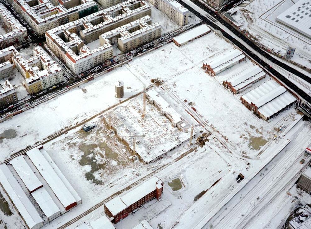 Aerial photograph Berlin-Lichtenberg - Baustelle der BLEG auf dem Geländes des Alten Schlachthofes in Berlin - Lichtenberg an der Landsberger Allee / Storkower Straße (Stadtentwicklungsgebiet Eldenaer Straße).