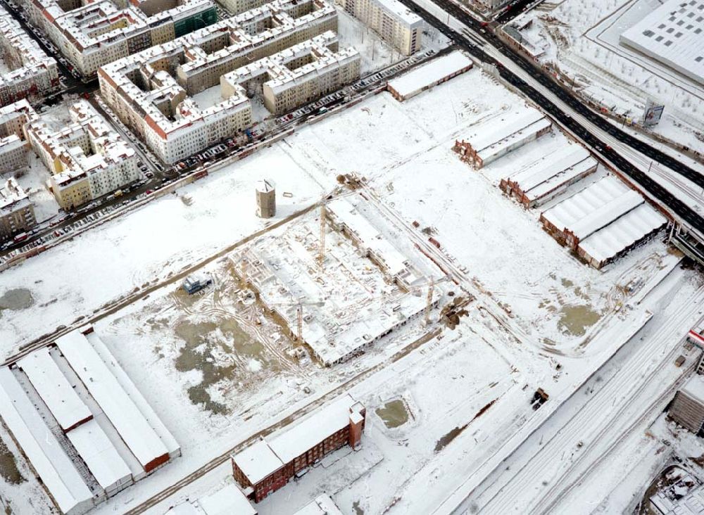 Berlin-Lichtenberg from above - Baustelle der BLEG auf dem Geländes des Alten Schlachthofes in Berlin - Lichtenberg an der Landsberger Allee / Storkower Straße (Stadtentwicklungsgebiet Eldenaer Straße).