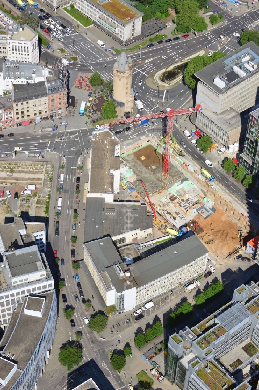 Frankfurt am Main from above - Construction site at Bleichstraße 57 at the location of the former cinema Turmpalast in the inner city district of Frankfurt in the state of Hessen. The cinema operated for 83 years until 2010. The historical Eschenheimer tower is close-by