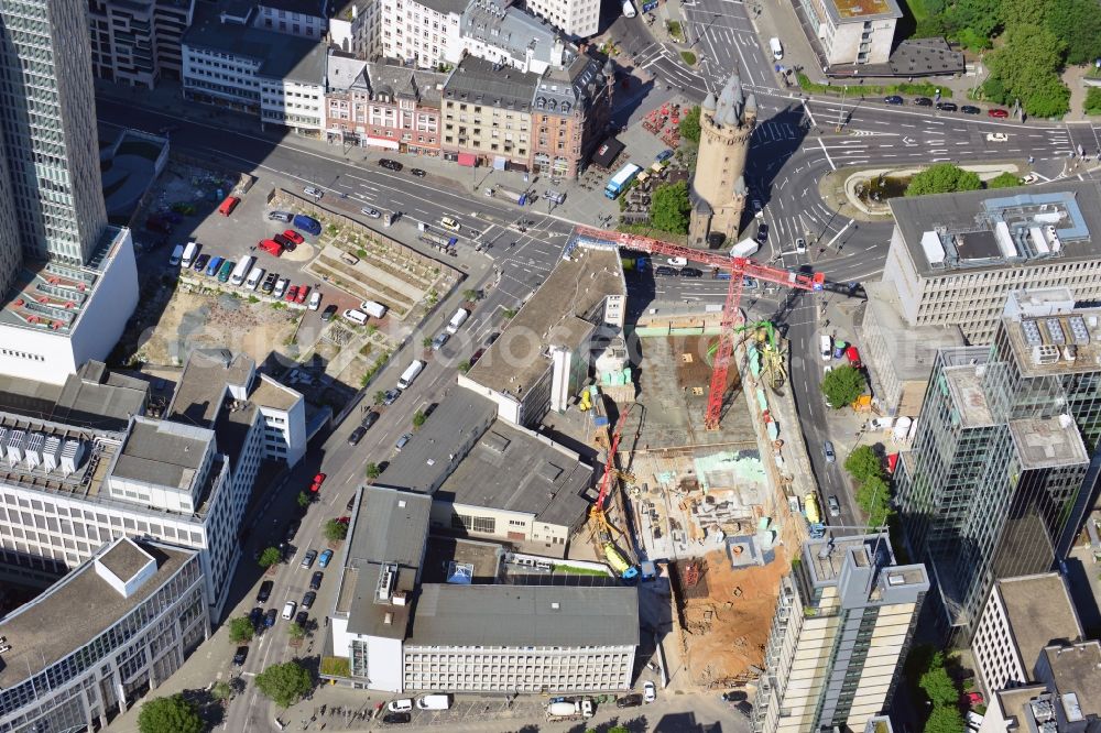 Aerial image Frankfurt am Main - Construction site at Bleichstraße 57 at the location of the former cinema Turmpalast in the inner city district of Frankfurt in the state of Hessen. The cinema operated for 83 years until 2010. The historical Eschenheimer tower is close-by