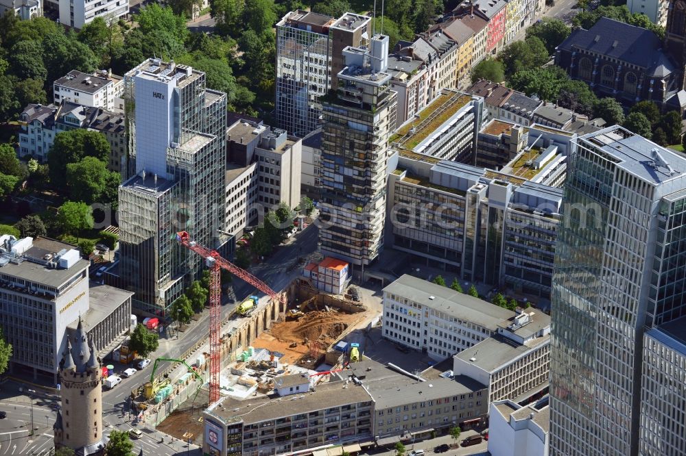 Aerial image Frankfurt am Main - Construction site at Bleichstraße 57 at the location of the former cinema Turmpalast in the inner city district of Frankfurt in the state of Hessen. The cinema operated for 83 years until 2010. The historical Eschenheimer tower is close-by