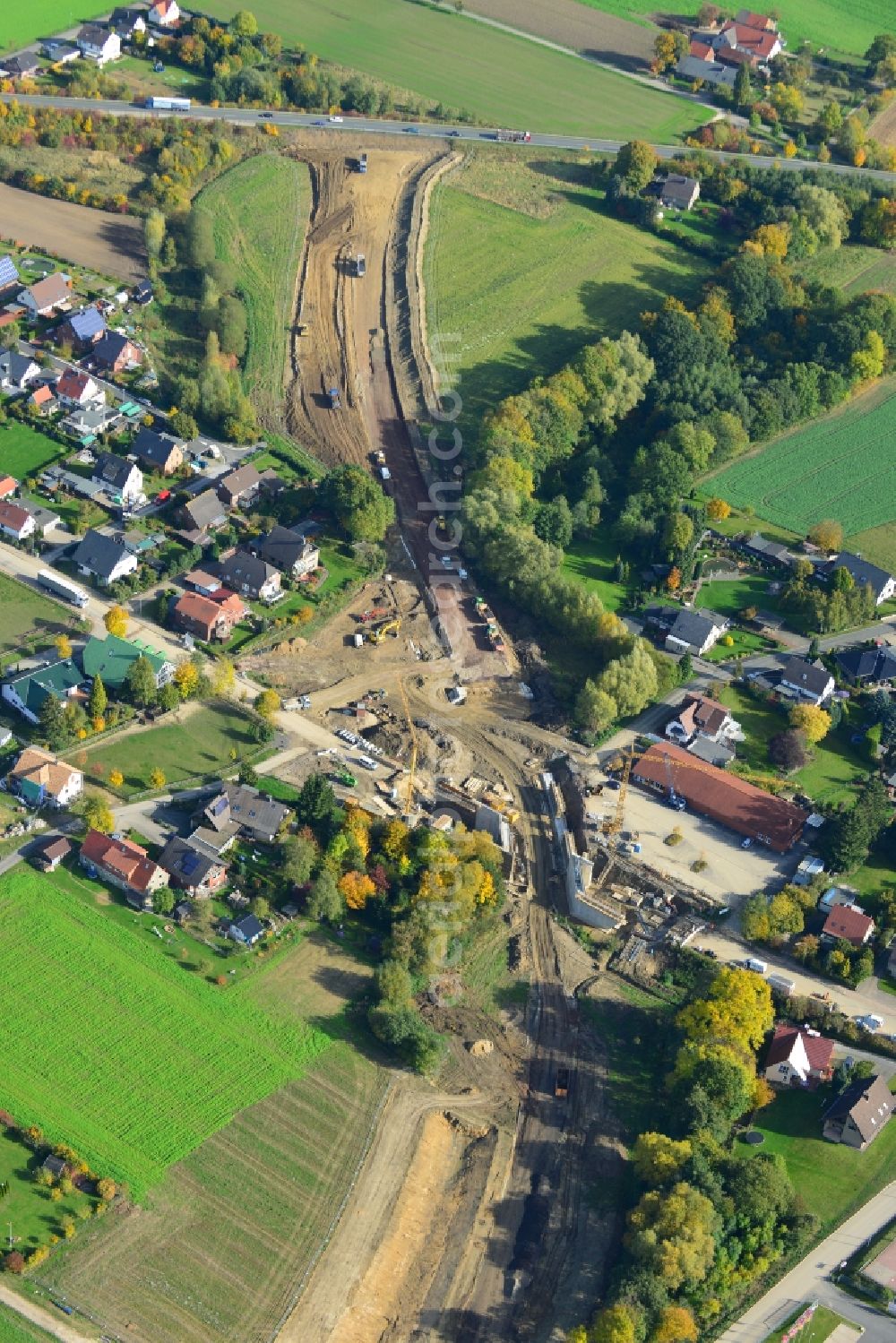 Kirchlengern from above - View of the construction site of a building bridge to bypass road north of Kirchlengern in North Rhine-Westphalia