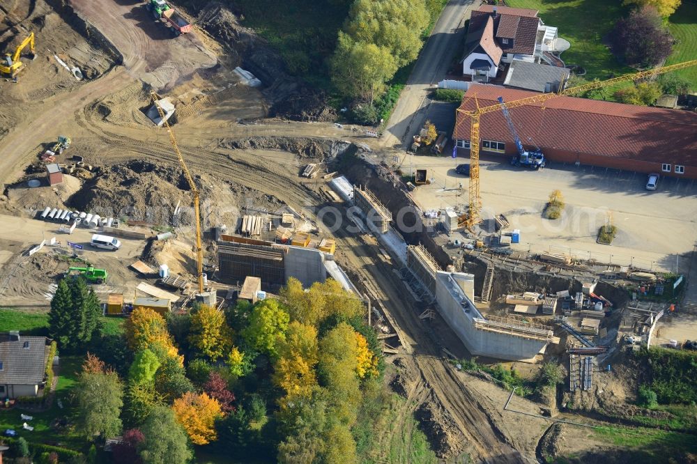 Aerial image Kirchlengern - View of the construction site of a building bridge to bypass road north of Kirchlengern in North Rhine-Westphalia