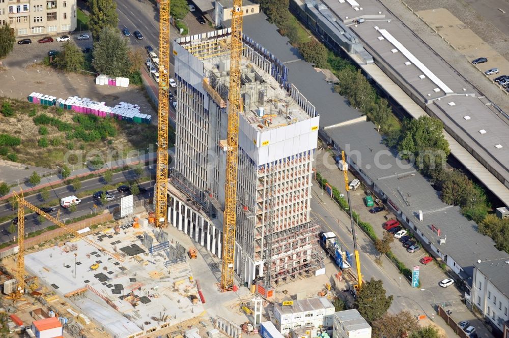 Aerial image Berlin - Construction site of office high-rise Tour Total in Europacity on Heidestrasse in Berlin in Germany