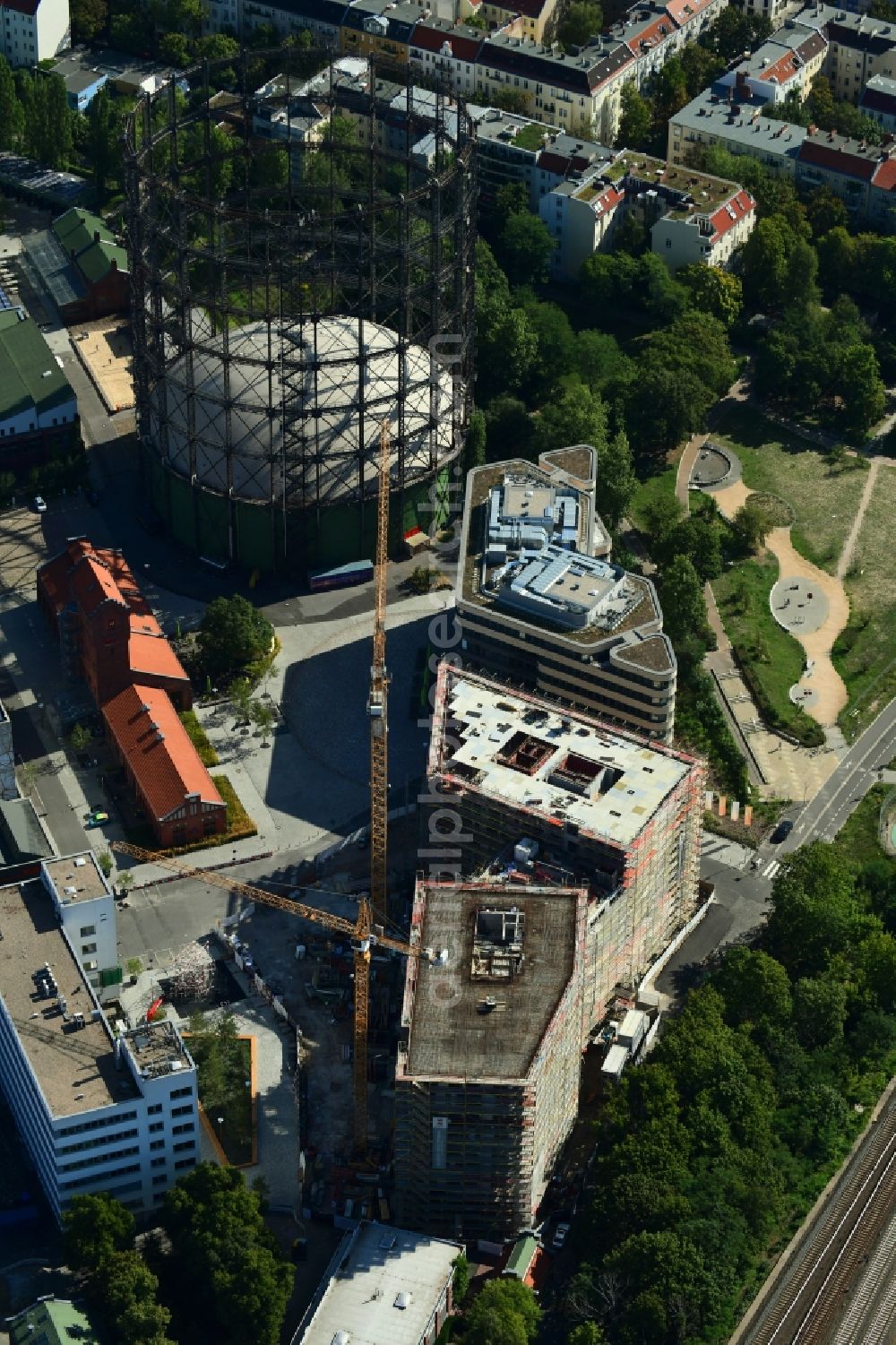 Aerial image Berlin - Building site office building of EUREF AG on EUREF-Conpus in the district Schoeneberg in Berlin, Germany