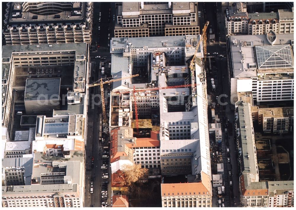 Berlin from the bird's eye view: Building site office building Friedrichstadt - Quartier 110 der Zuerich Versicherung durch die Wilhelm Fuessler Bau GmbH in Berlin in Germany