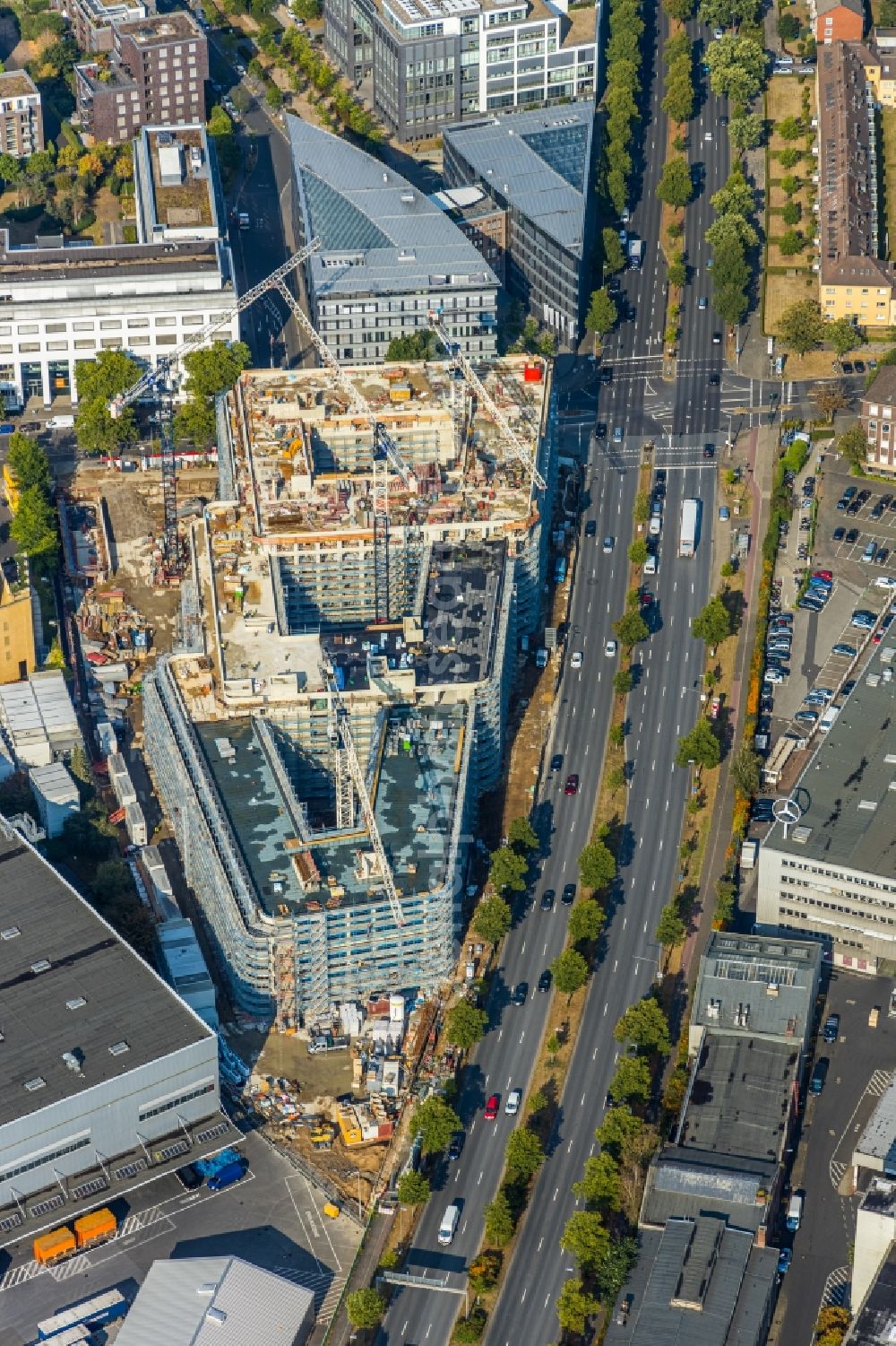 Aerial image Düsseldorf - Building site office building Heinrich Campus on Heinrich-Ehrhardt-Strasse corner Rather Strasse in the district Derendorf in Duesseldorf in the state North Rhine-Westphalia, Germany