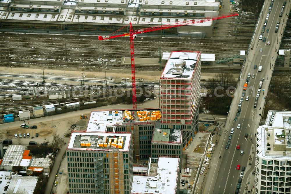 München from the bird's eye view: Building site office building Kap West on Friedenheimer Bruecke corner Birketweg in the district Hirschgarten in Munich in the state Bavaria, Germany